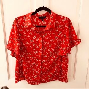 Red Orange Floral Collard Top